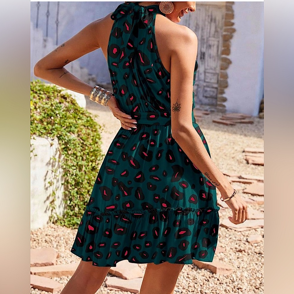 BTFBM Dark Teal Hot Pink Cheetah Print Halter Tiered Dress Sz M Spring Summer